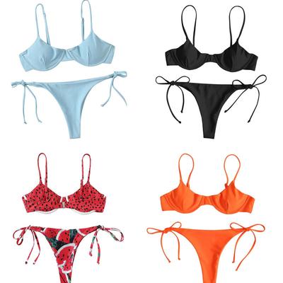 Dámský dvoudílný plavkový set, Jednobarevné/Tištěné bikini s výstřihem do V + Kalhotky se šněrováním na léto