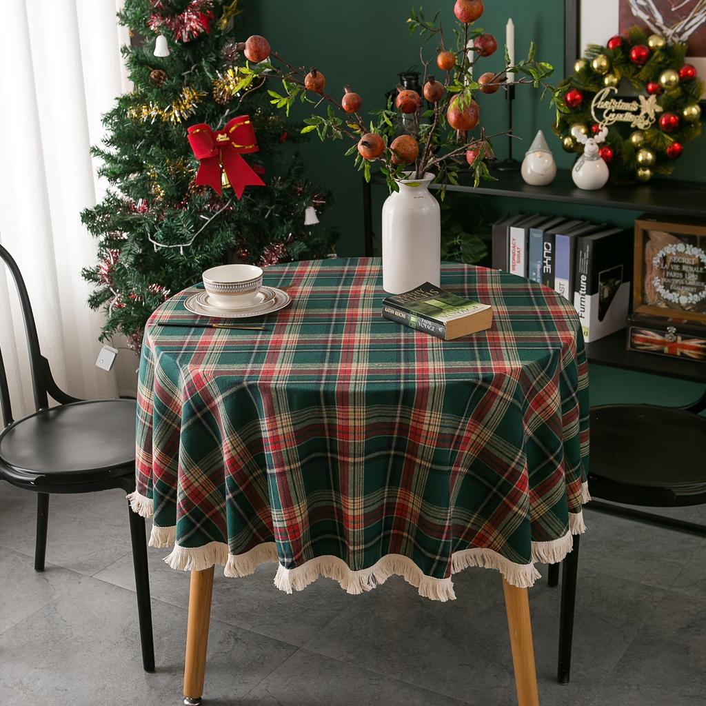 Round Christmas Plaid Tablecloth with Tassels - 100% Polyester Woven Machine-Made Festive Table Cover for Holiday Dining & Home Decor