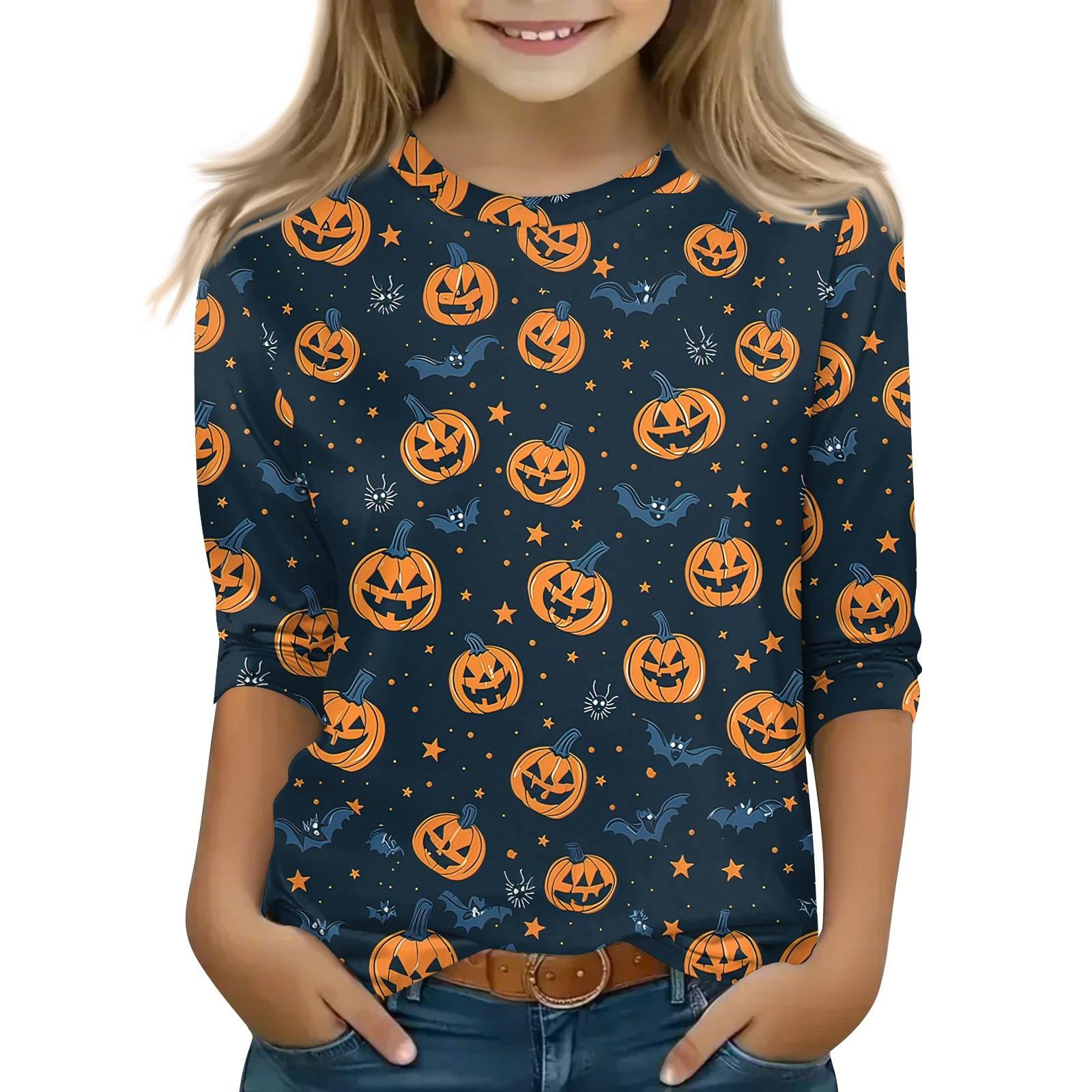 

Детские топы с рукавом 3/4, повседневная футболка с принтом на Хэллоуин, пуловер-блузка с круглым вырезом 150 тёмно-синий