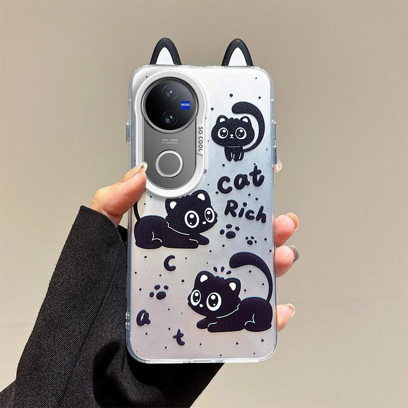 KEYSION Cute Ear Cartoon Case for VIVO V50 5G with Lanyard Soft Silicone+PC Shockproof Phone Back Cover for VIVO V50