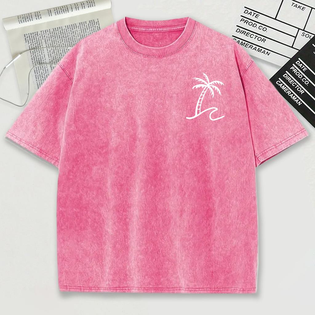 Simplified Coconut Tree Print Snow Wash Men Tee Shirts Summer Breathable O-Neck T Shirt Soft Washed Clothes Short Sleeve