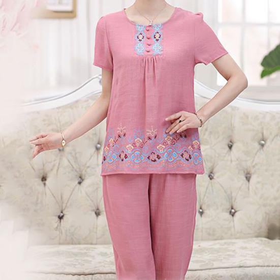 2 Pcs/Set Women T-shirt Pants Set Flower Print Round Neck Short Sleeves Elastic Waist Wide Leg Sleeping Loose Button Decor Plus Size Mom Nighty