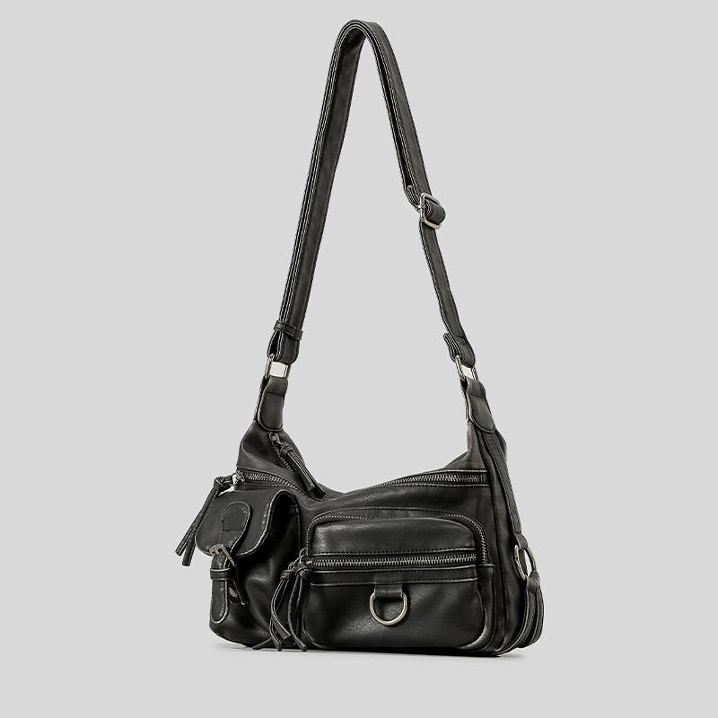 European And American Retro Shoulder Bag Hot Girl Style Motorcycle Bag Multi-pocket Messenger Bag Washed Old Style Underarm Bag чёрный