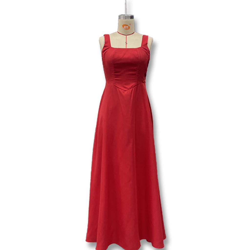 Women's Elegant Color Square Neck Sleeveless Fitted Waist Suspender Dress