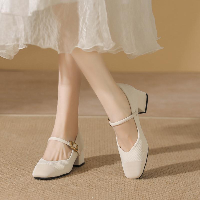 Mary Jane shoes spring and summer new square head evening breeze single shoes women's medium thick heel one-word buckle with shallow mouth wedding