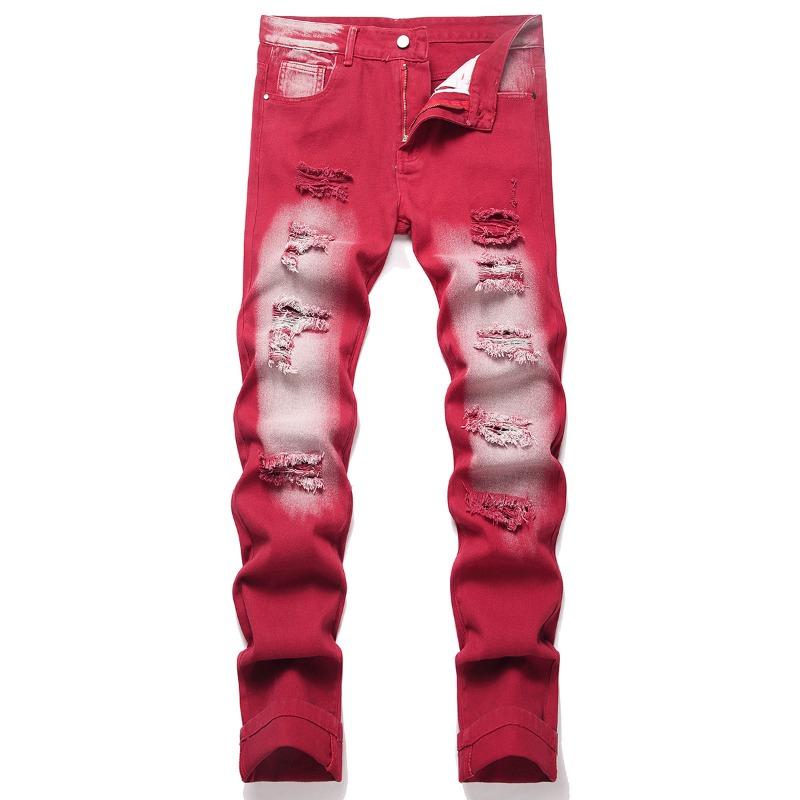 Men's Distressed Straight-Leg Slim-Fit Non-Stretch Denim Jeans Ripped Long Pants