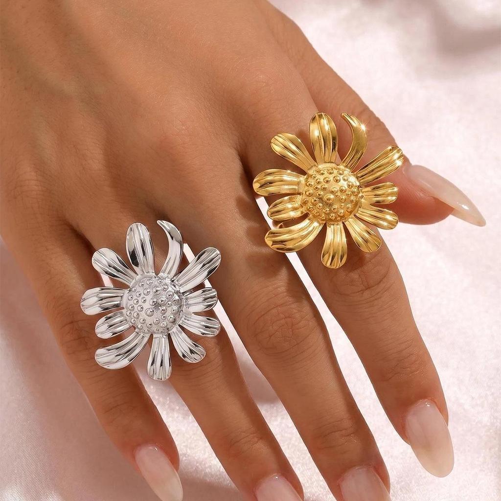 Stainless Steel Daisy and Sunflower Open Ring - Cute Vacation Style