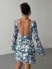 2025 Spring/Summer Women's Printed Flared Sleeve Backless Mesh Dress