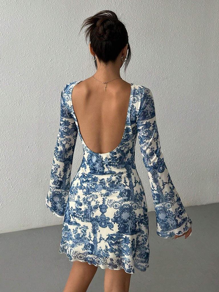 2025 Spring/Summer Women's Printed Flared Sleeve Backless Mesh Dress