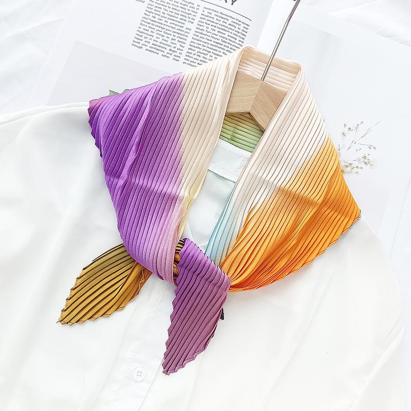 Retro Color Block Crinkled Square Scarf - 70cm Pleated Neckerchief in Imitation Silk for Women