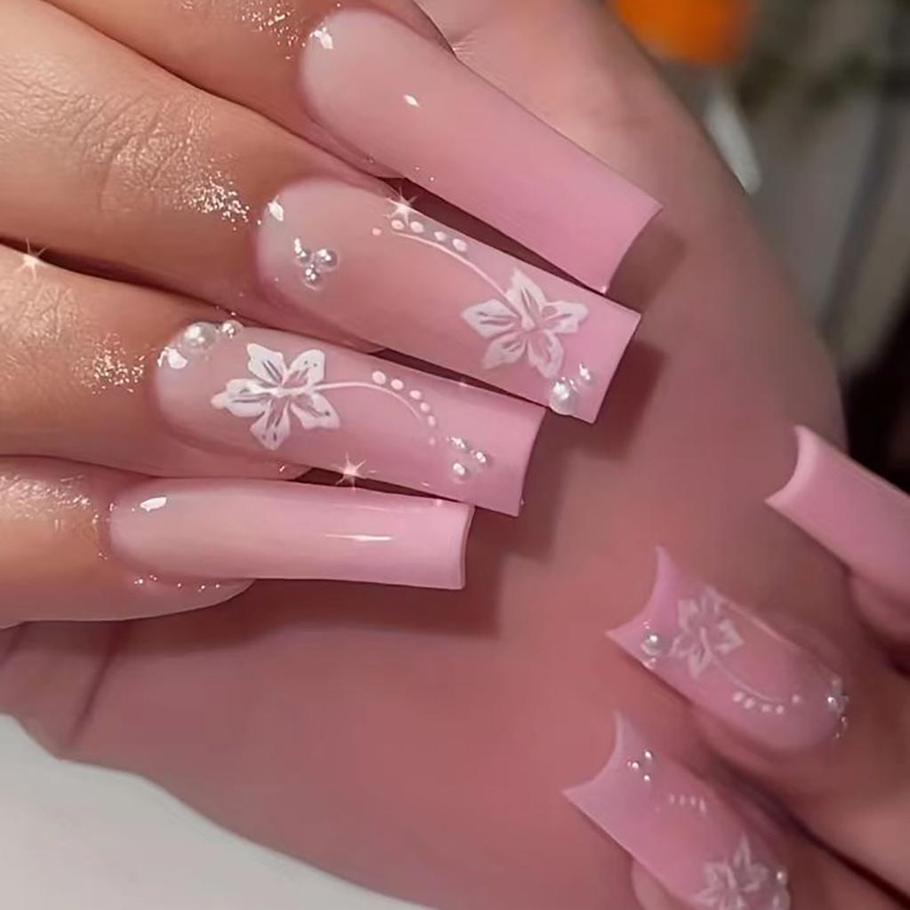 24 Stuks Lange Vierkante Press-On Nagels Frans Blauw Glitter Bloemen Design Plak Op Kunstnagels Voor Vrouwen Draagbare Manicure Tips