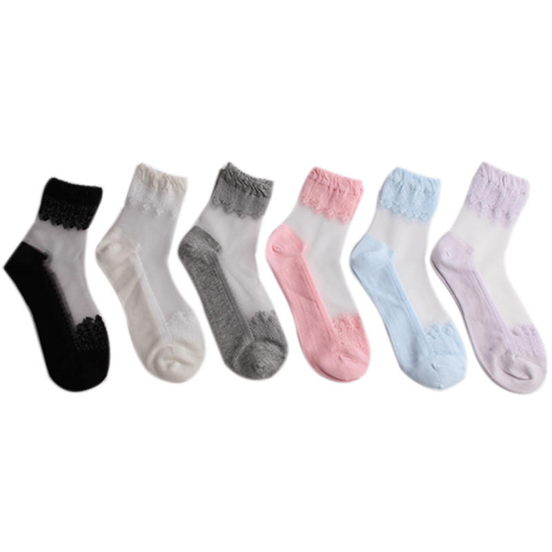 Summer Ladies Lace Embroidery Silk Transparent Glass Crystal Socks Breathable Stretch Women Socks 1 Pair Outdoor Casual Wear