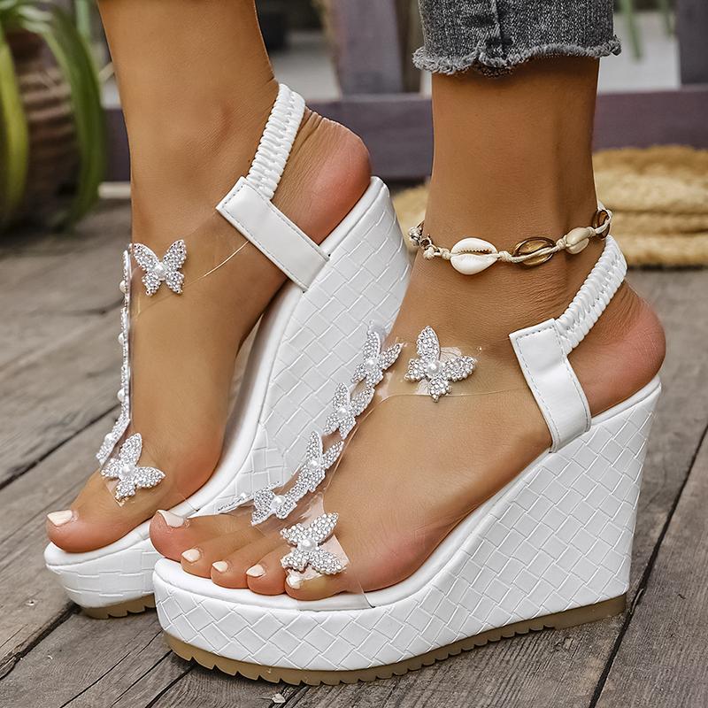 Fashion Rhinestone Butterfly Wedge Sandals for Women Transparent Pvc High Heel Platform Sandals Woman Summer Fashion Crystal Beach Shoes