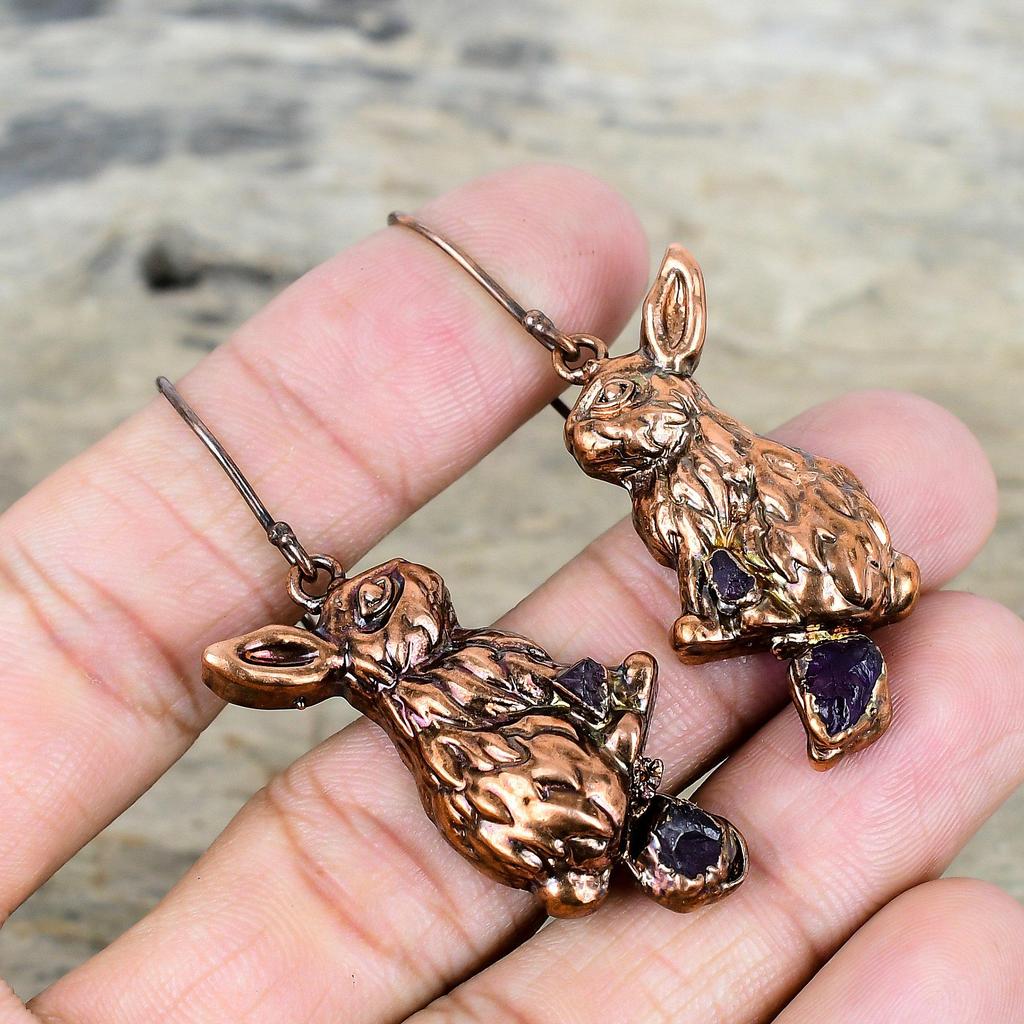 African Amethyst Rough Earring Electroformed Copper Earrings Gemstone Jewelry Rabbit Design Earring Handmade Copper Jewelry Gifts for Mother