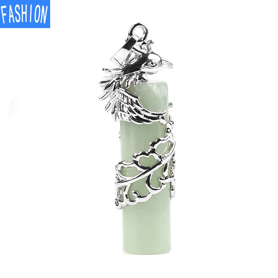 Creative Mascot Wrapped Natural Stone Cylindrical Pendant And Pink Crystal Necklace