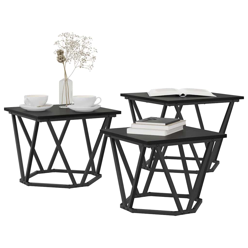 Coffee Table Set 3 Pcs Black Oak Look Engineered Wood and Steel