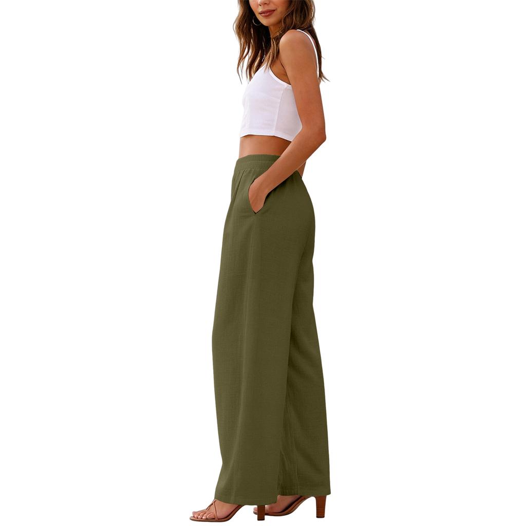 Women's Linen Wide Leg Pants Elastic Waist Summer Beach Vacation Lightweight Loose Fit Long Trousers Casual Comfortable