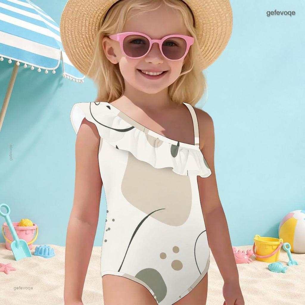 Girls One Shoulder Ruffle One Piece Marble Printed Swimsuit