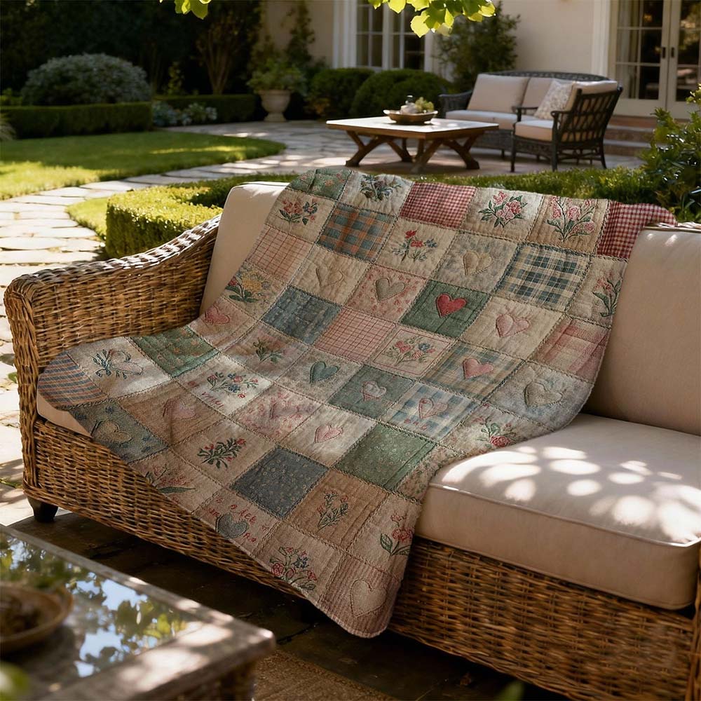 1 Stück Vintage Herz Florales Patchwork gesteppte Überwurfdecke Gemütliche Bauernhaus Heimdeko Decke für Couch Bett Sofa