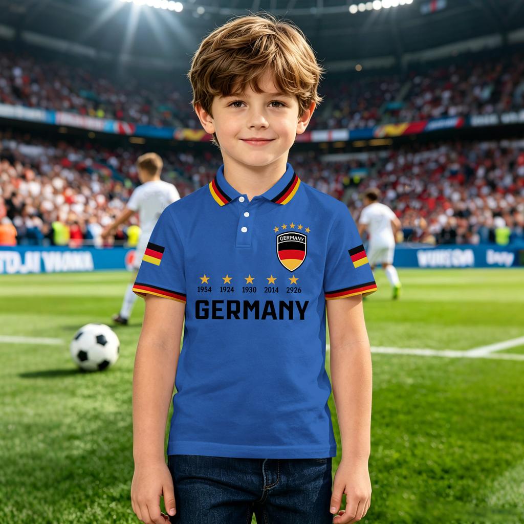 Kids Polo Shirt with Printed National Emblem and Championship Years Design Short Sleeve Button Collar Casual Top for Boys