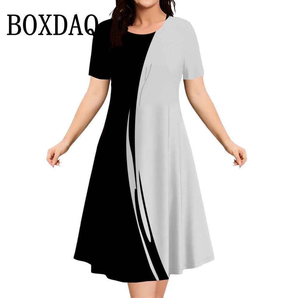 Summer Women Dress Fashion Plus Size Short Sleeve Dress Black White Contrast Color Loose A-Line DressClothing