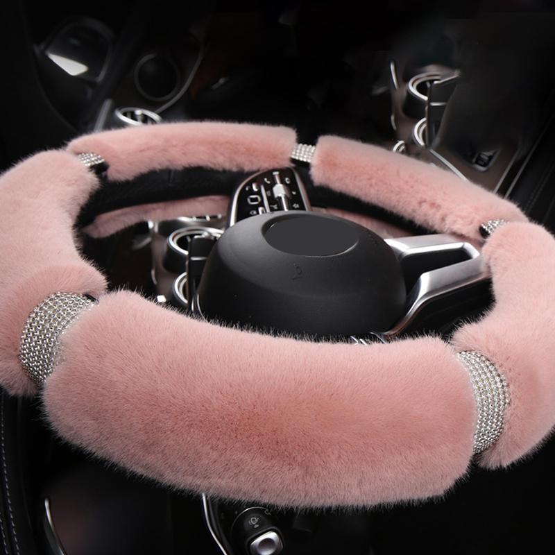 Four Seasons Universal 38cm Car Steering Wheel Cover With Bling Rhinestones Diamond Fur Furry Rhinestone Mosaic Car Accessories