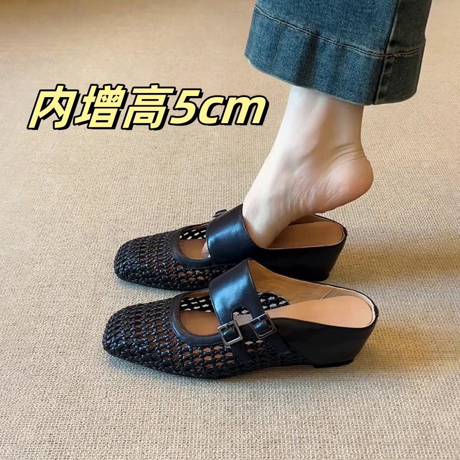 Sheepskin Version~ Thick Bottom Inner Height Increase Woven Hollow Bag Head Slippers Women Wear One Pedal French Muller Cool Slippers