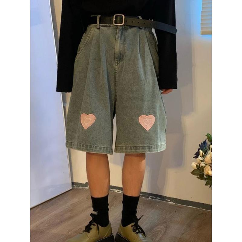 

Широкие джинсовые брюки с винтажным принтом, женские укороченные мешковатые джинсы большого размера для пар, повседневные уличные шорты 2000-х годов Y2k, мужские шорты XXL синий