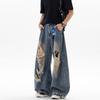 Summer new ripped jeans American retro men's and women's loose wide-leg pants washed and old design mopping pants