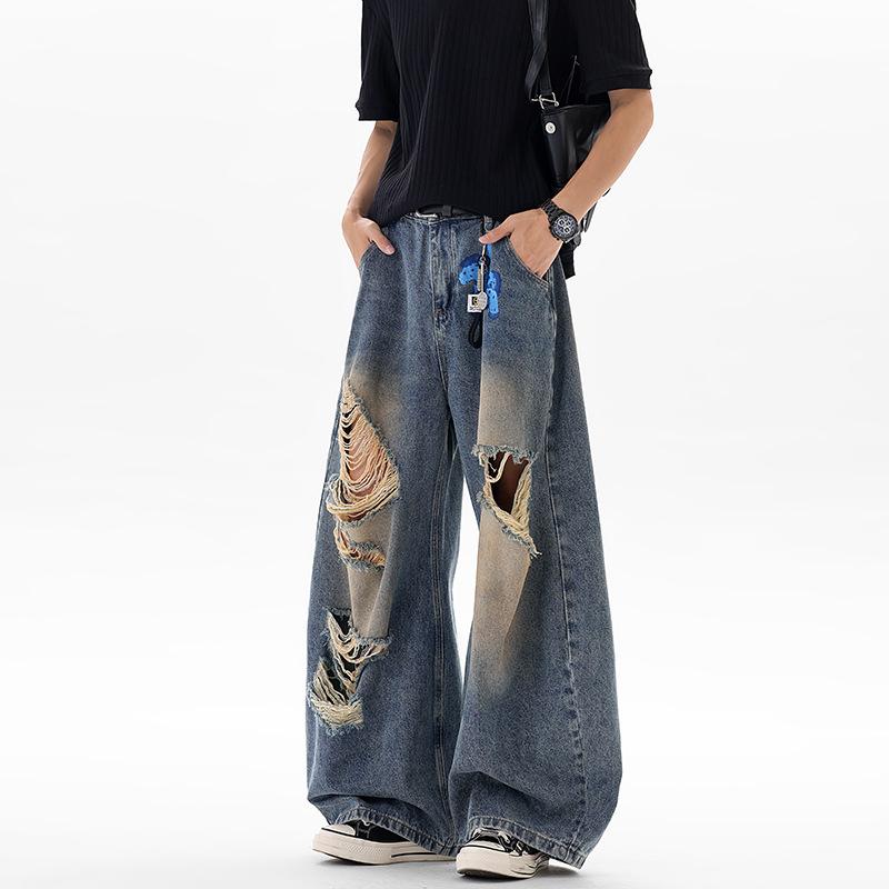 Summer new ripped jeans American retro men's and women's loose wide-leg pants washed and old design mopping pants