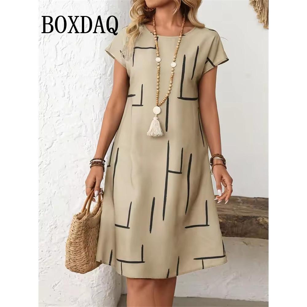 Sommer Mode Abstrakt Floral Bedrucktes Kleid Locker Lässig Gestreift Kurzarm Kleider Strandurlaubskleid Damen Kleidung