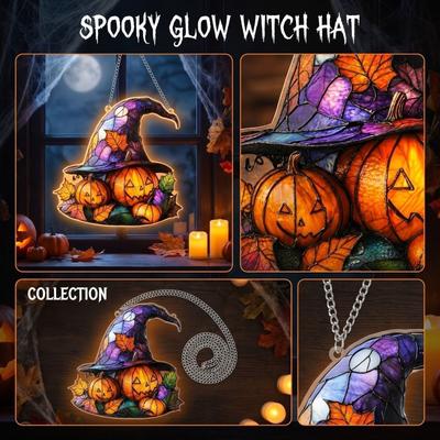 2D Acrylic Halloween Witch Hat Decoration with Pumpkin and Leaf Design Flat Wall Art for Seasonal Indoor Outdoor Display