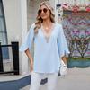 Spring and Summer New Solid Colour V-neck Middle Sleeve,Loose Chiffon Shirt Women's Tops