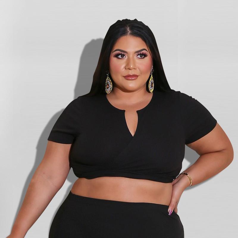 MY676 Plus Size Womens Knit Long Sleeve Crop Top Maxi Skirt Set Black Milk Silk Casual Outfit 2025