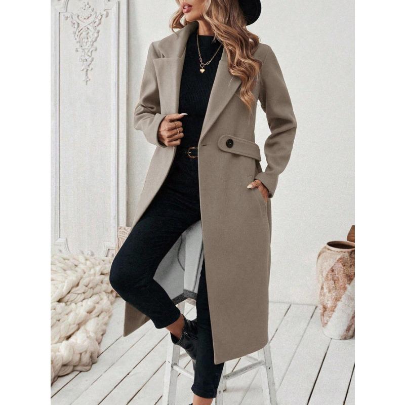 Women Long Lapel Thick Woolen Coat Slim Fit Winter Outerwear