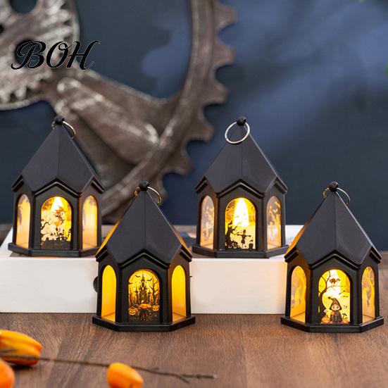 Witch And Ghost Stickers Halloween Pumpkin Lantern, Gothic House Shape LED Flickering Candle Light Portable Hanging Lamps for Party, Spooky