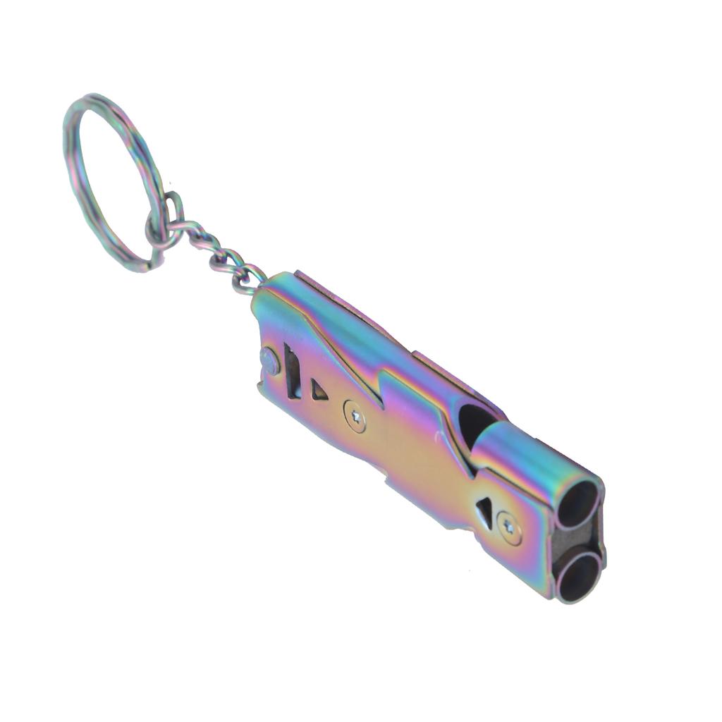 Outdoor Survival Whistle with Keychain Stainless Steel Double Tubes Safety WhistleColorful Titanium