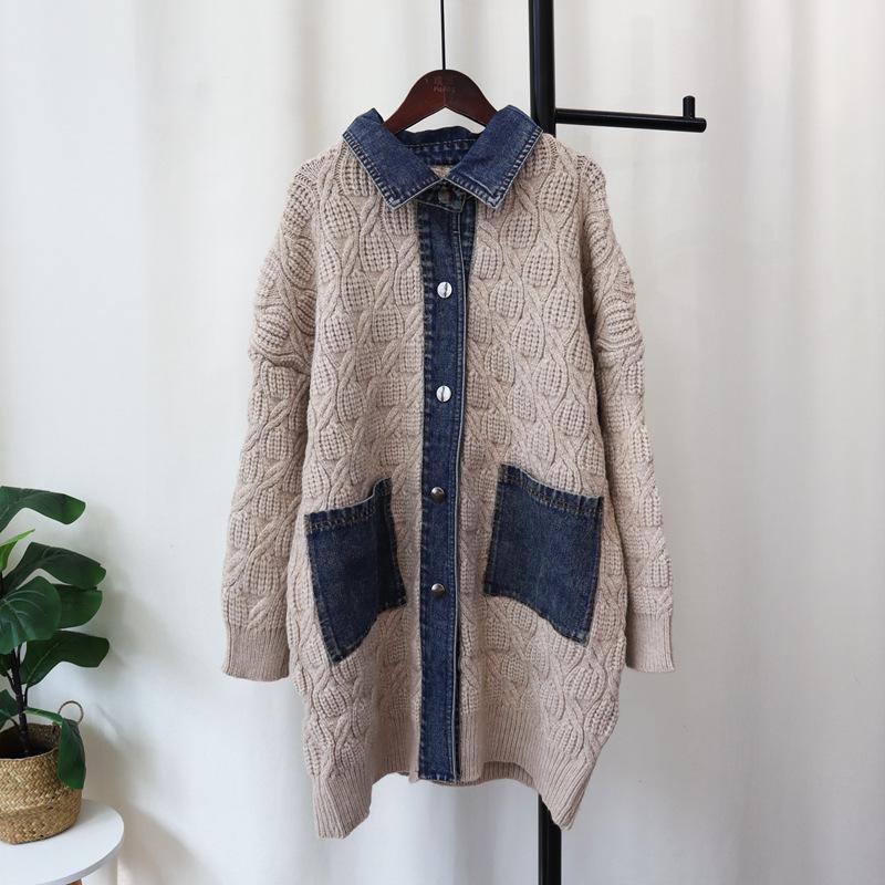 Coarse needle sweater lazy wind women's autumn and winter new loose splicing denim knitted cardigan long coat