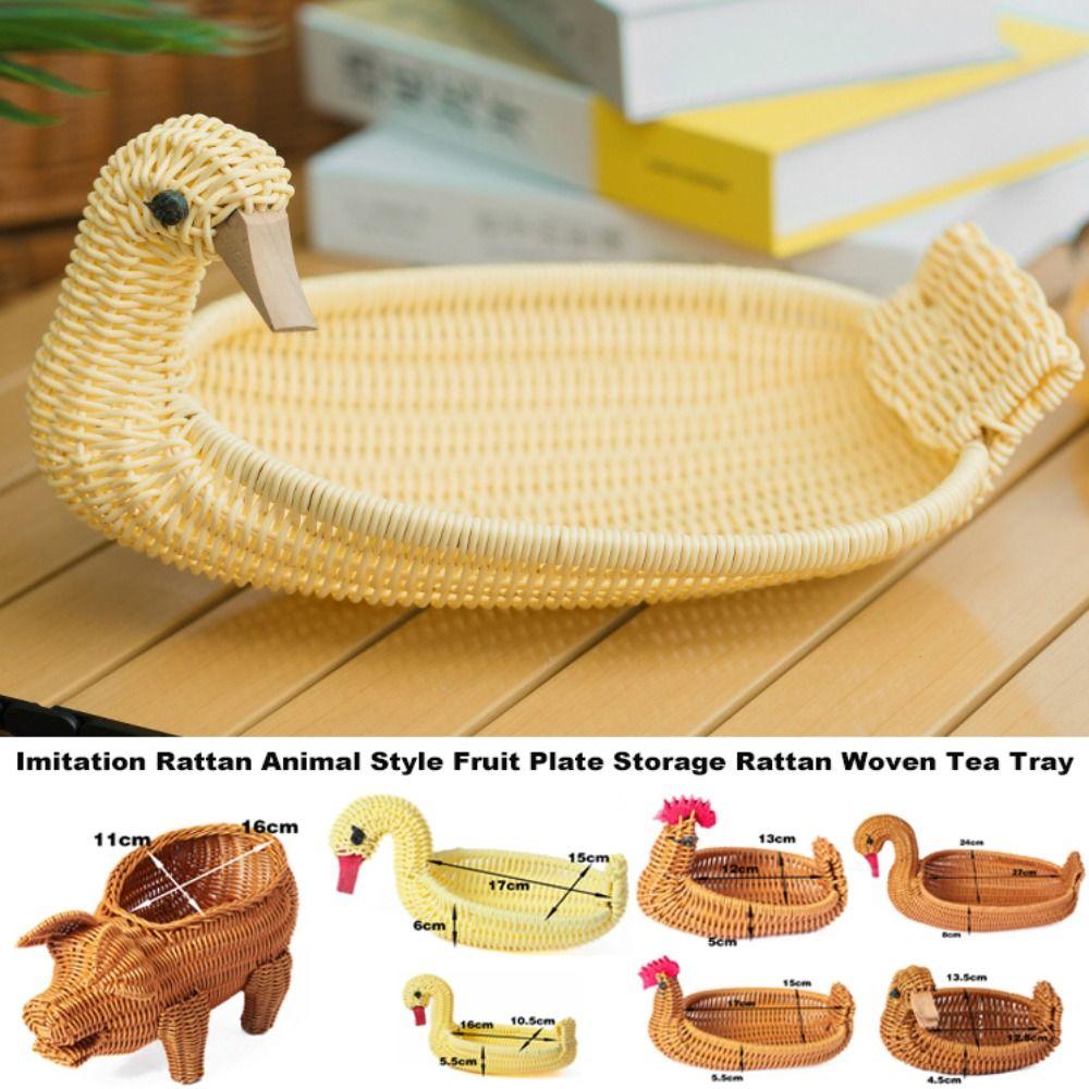 Retro Woven Animal Style Storage Rattan Woven Tea Tray  Restaurant Serving Tabletop Display