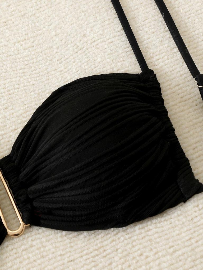2025 European & American Strappy Backless Pleated Bikini Set – Solid Color Swimwear