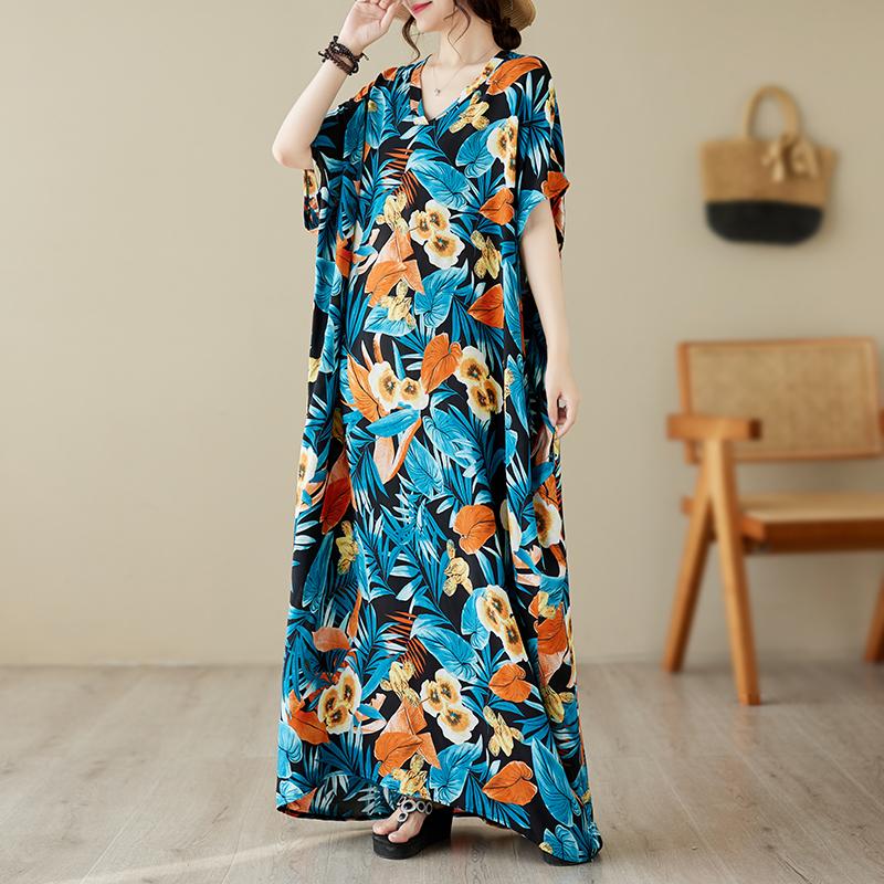 

DIMANAF 2024 платье больших размеров женское летнее платье с v-образным вырезом богемный свободный макси-платье большого размера с цветочным принтом 5468 One Size