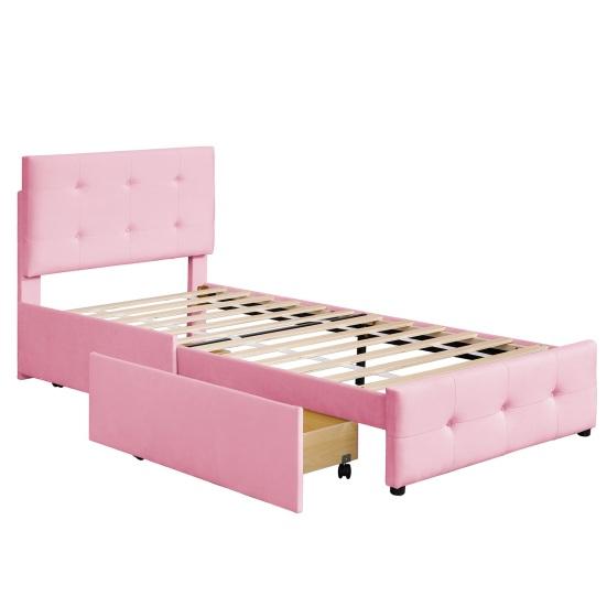 99x210cm Velvet Fabric Kids Bed with Adjustable Headboard 2 Drawers Ergonomic Design Strong Wood Slat Support Bed Home Furniture