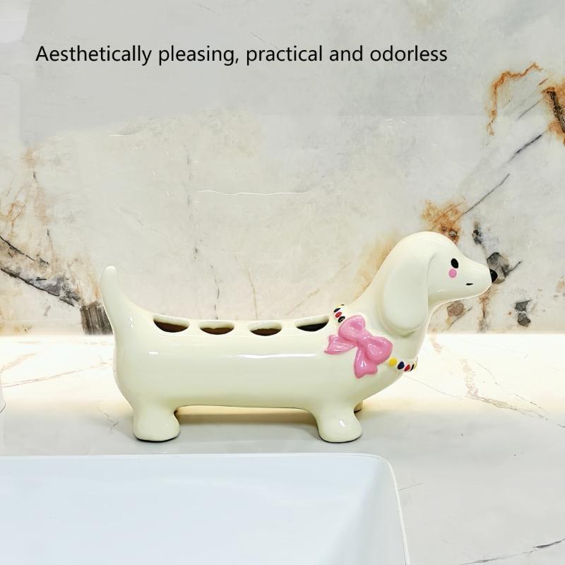 652F Cartoon Dog Ceramic Toothbrush Stand Holder For Bathroom with 4 Slots