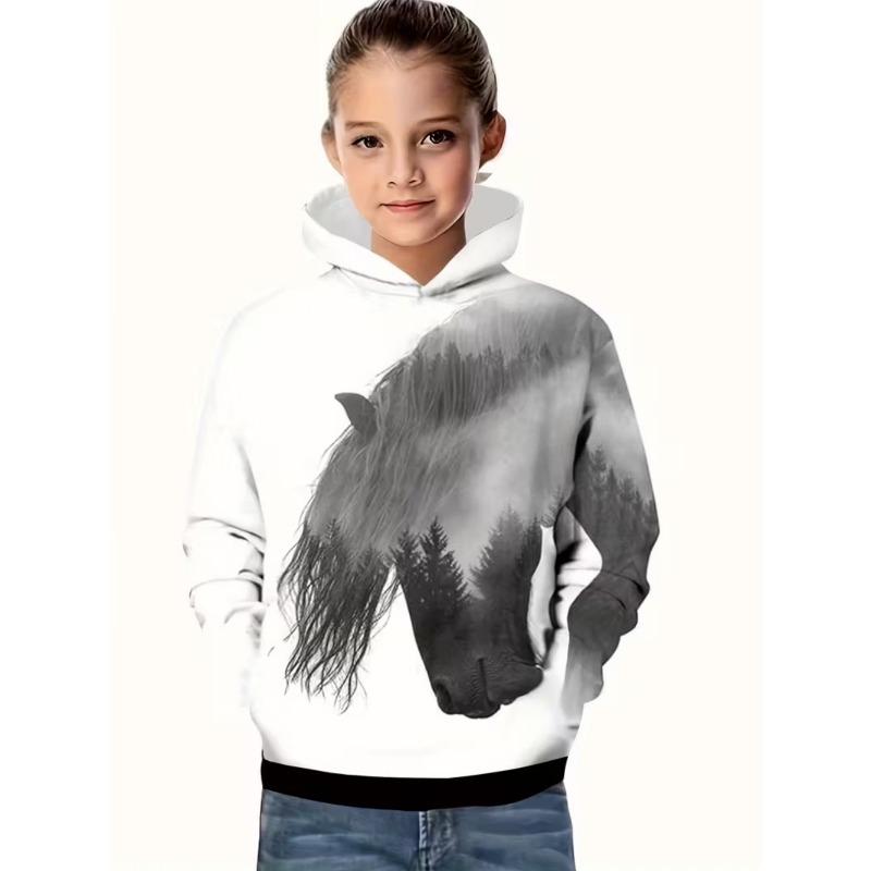 Vêtements Cool pour Filles Équestres Animaux Impression 3D Automne Sweats à Capuche Manches Longues Amples Légers Sweat Confortable Vêtements pour Enfants