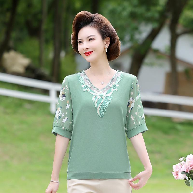 Mom's Summer Chiffon Short Sleeve Top: Stylish 2025 T-Shirt for Middle-Aged & Elderly Women