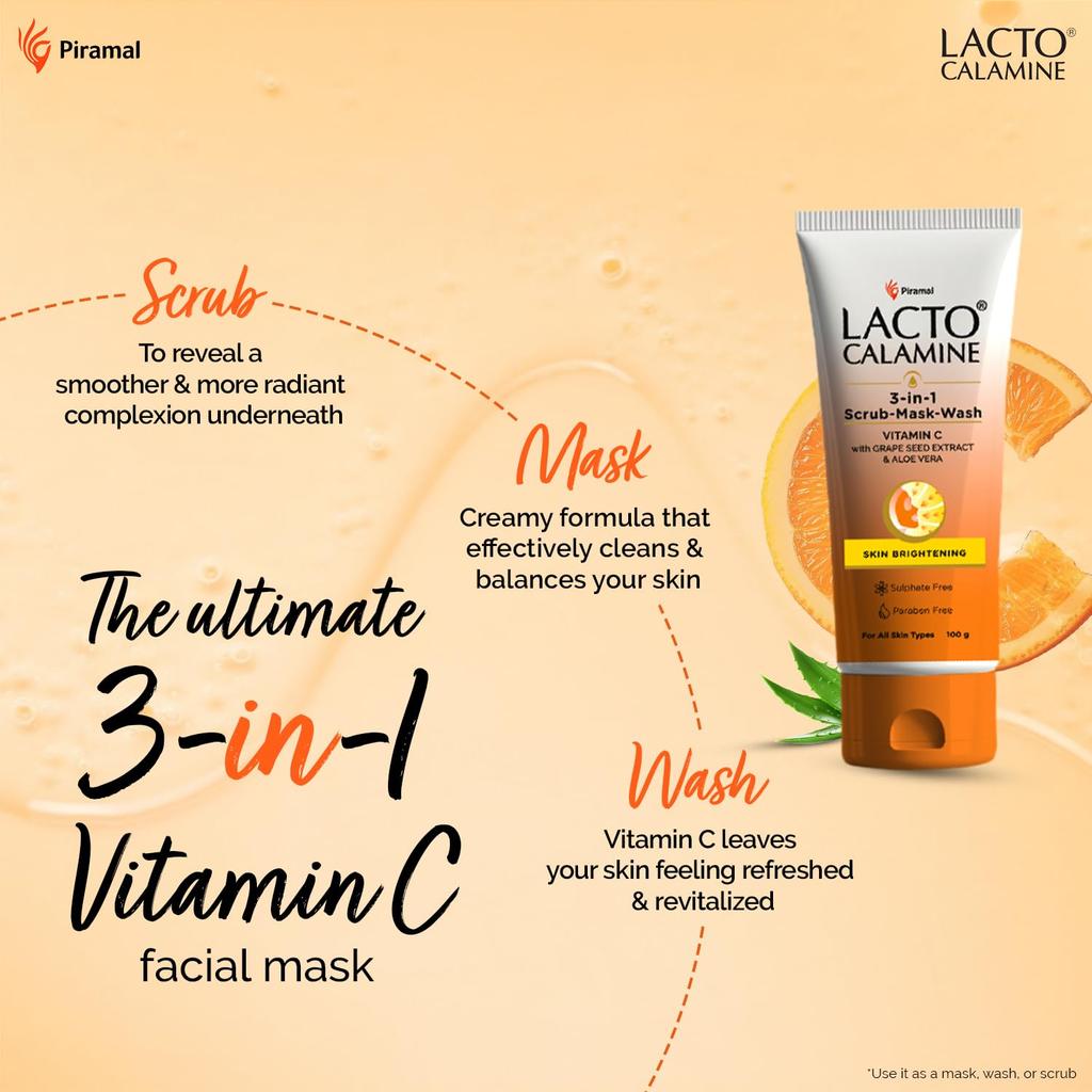Lacto Calamine 3-in-1 Vitamin C Face Scrub Mask Wash 100ml Brightening Multi-Action Skincare