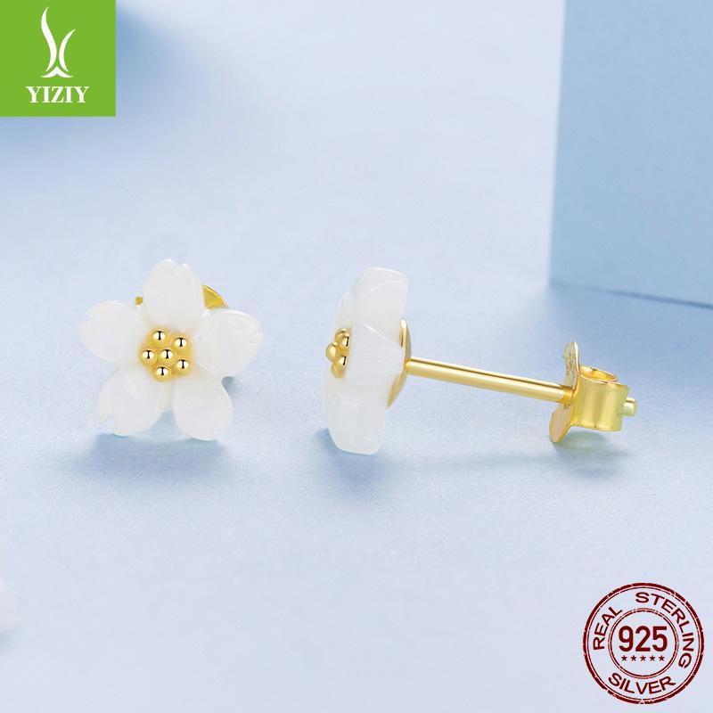 S925 Sterling Silver Cherry Blossom White Fritillary Stud Earrings For Women, Summer Simple Flower Stud Earrings