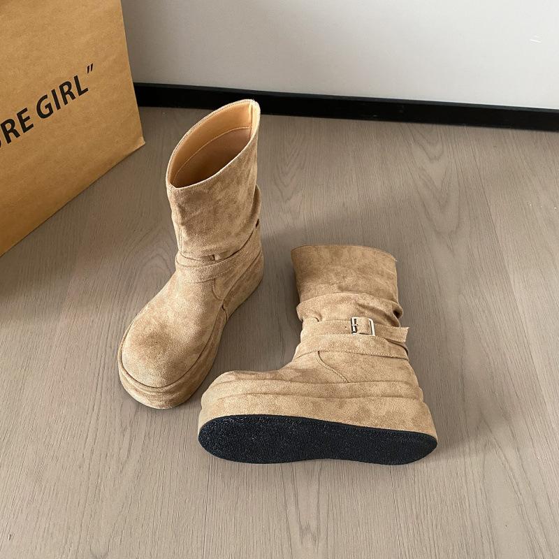 Cowhide Version~ Autumn and Winter Retro Suede Big Head Belt Buckle Short Boots Simple and Not Tired Feet Round Head Western Boots