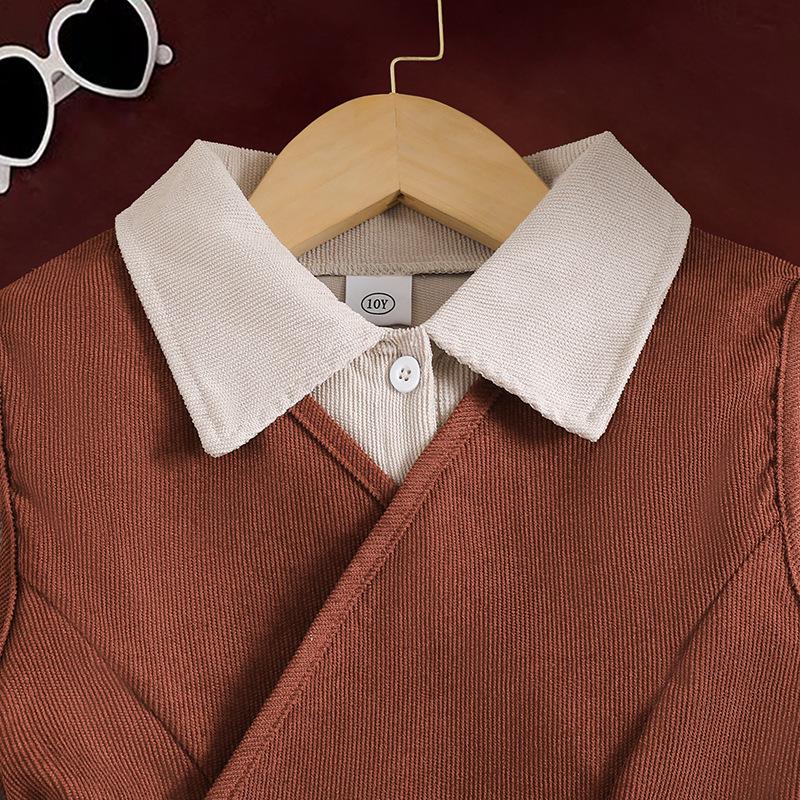 Girls' Retro Spring Suit: Belted Vest & Long-Sleeve Dress Set