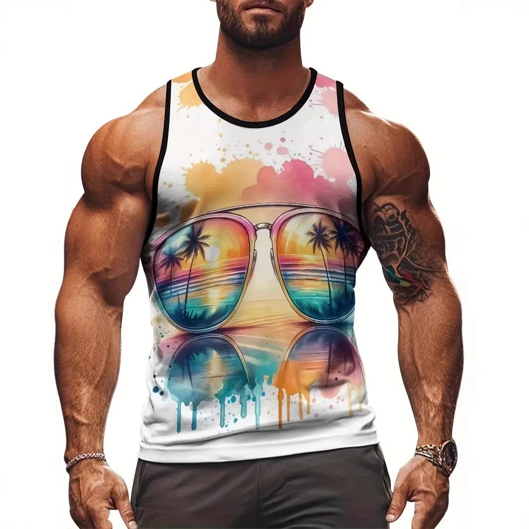Herren Weste Palme Print Weste Strandurlaub Sportweste Modisch Bequem Sport Fitness Atmungsaktiv Ärmellose Weste 3XL beige